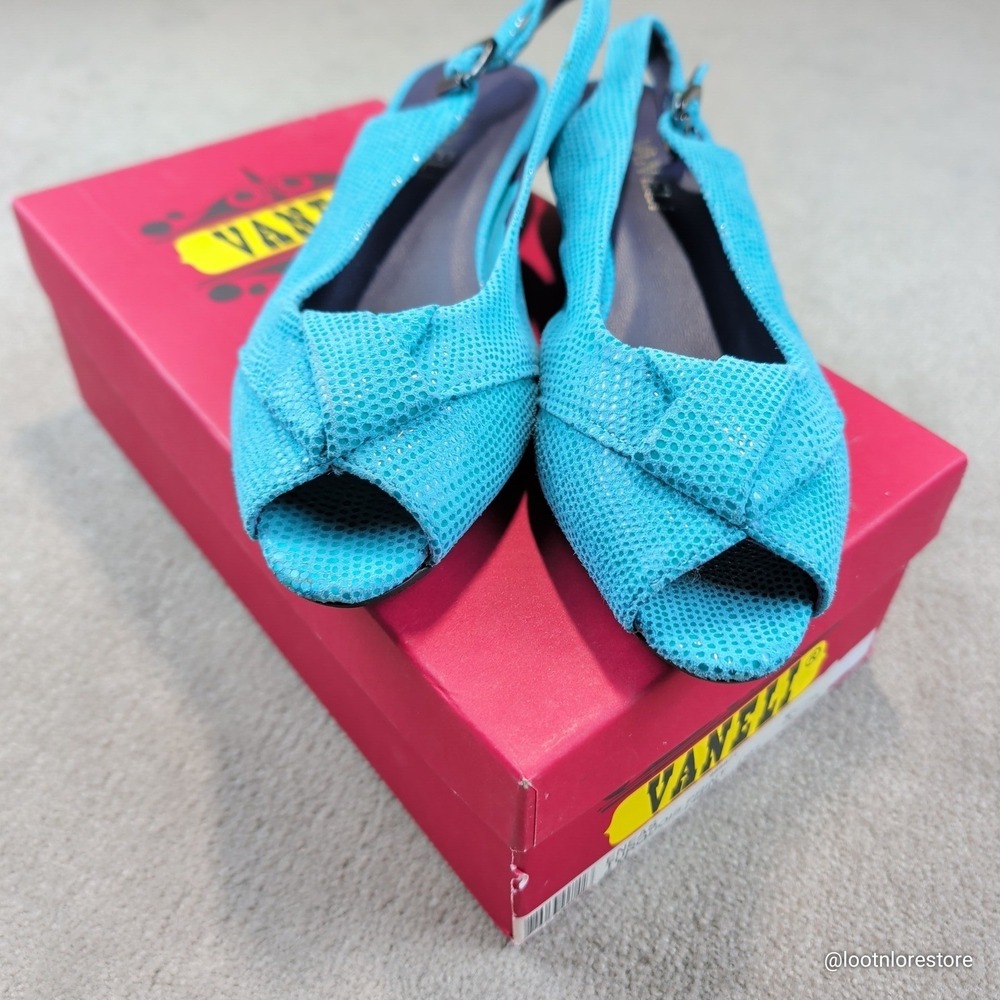 Vaneli Eneas Slingback Heels Turquoise Lizard Print Peep Toe Boho Preppy Blue 6M